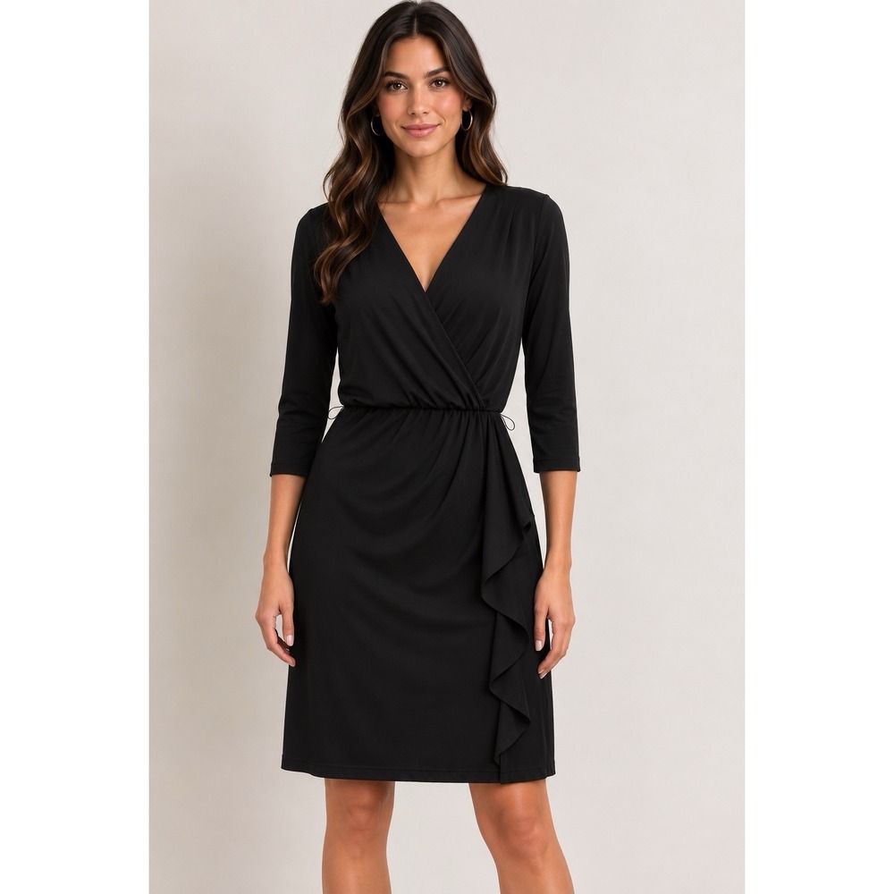 White House Black Market Black Faux Wrap Dress 3/4 Sleeve Size 4
